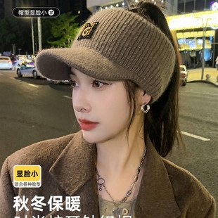 帽子女冬天骑行针织m护耳鸭舌帽时尚 百搭加绒保暖空顶耳套毛线帽