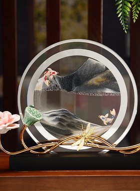新中式荷花流沙画沙漏摆件客x厅电视柜酒柜办公室装饰乔迁新居礼