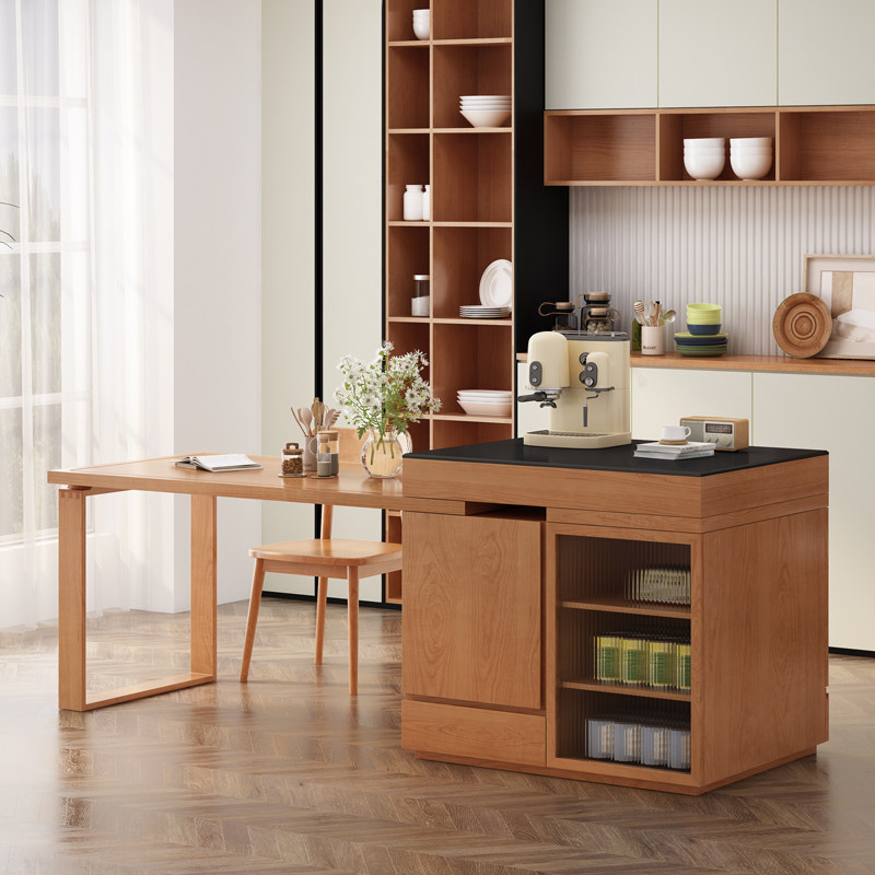 可伸缩实木岩板岛台m餐桌一体多功能饭桌复古吧台餐柜厨房整体橱