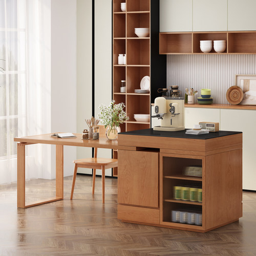 可伸缩实木岩板岛台m餐桌一体多功能饭桌复古吧台餐柜厨房整体橱