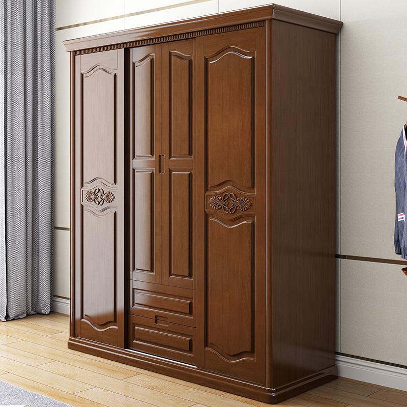 简约现代新中式实木四门衣柜卧室推拉门滑移门经济实用整体衣橱
