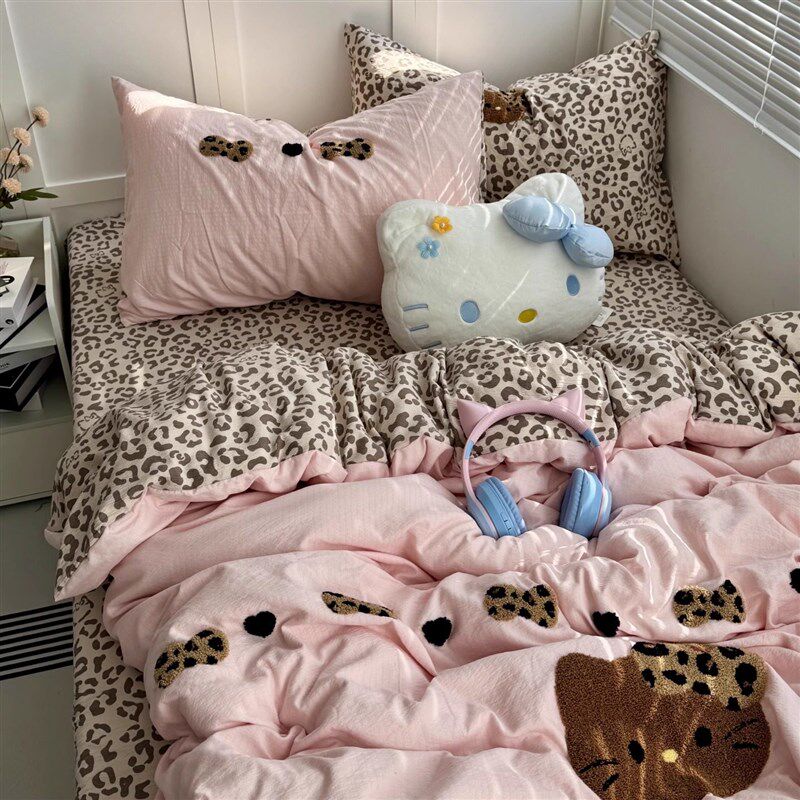 少女ins粉咖豹纹猫咪毛巾绣水洗棉四件套全棉被套宿舍床单三件套