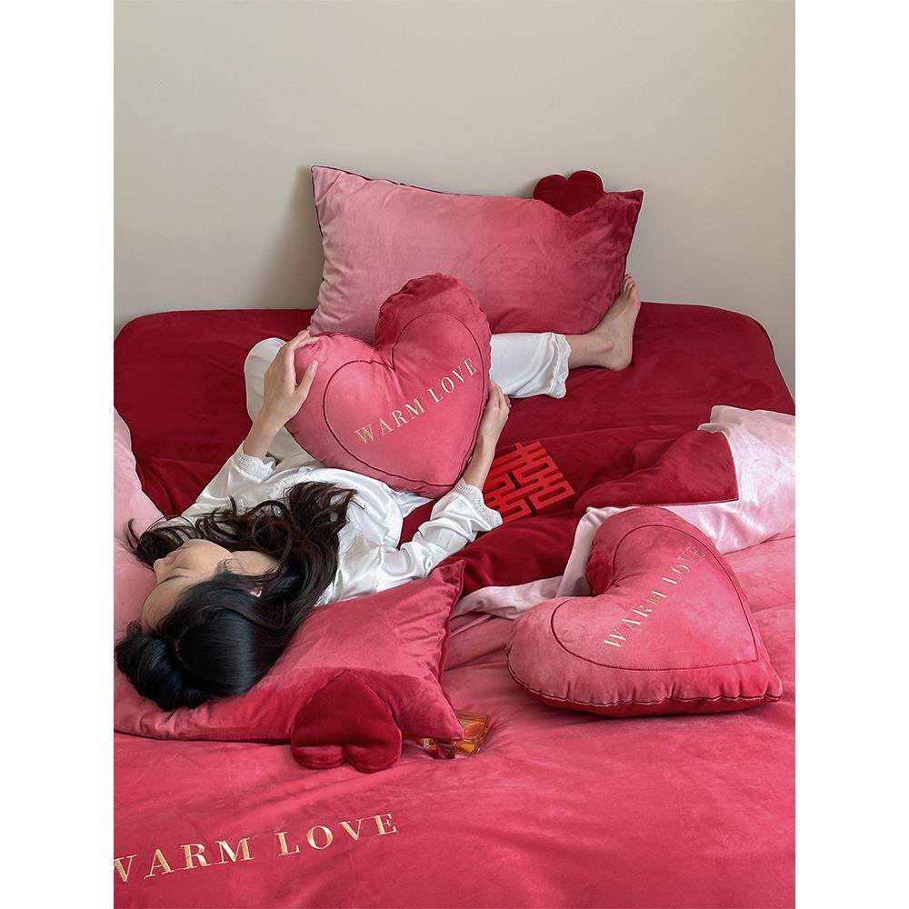 ins风冬季保暖渐变色牛奶绒被套宝宝绒双人床单红色结婚庆四件套