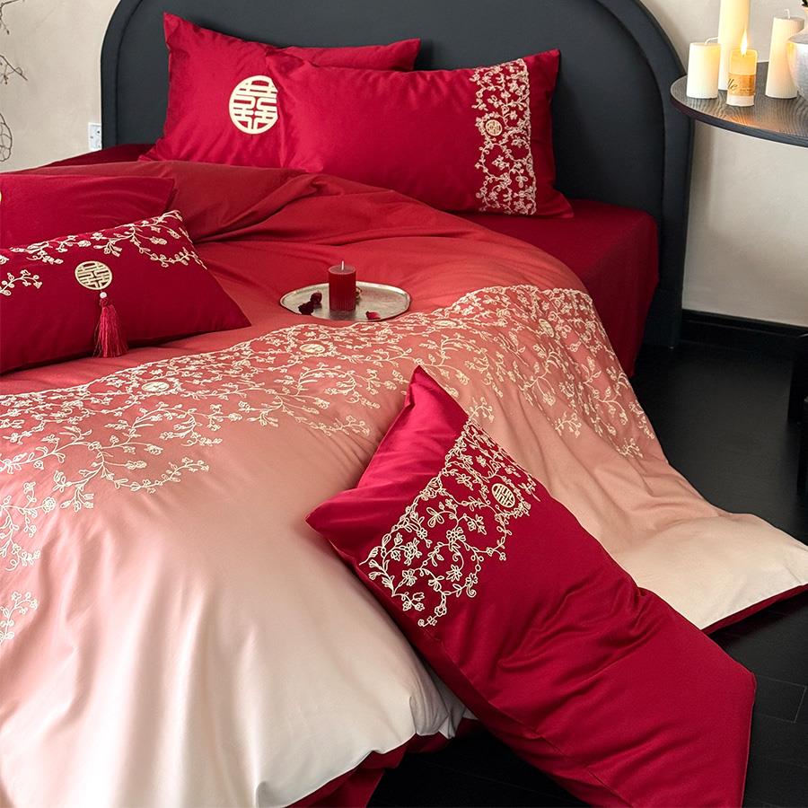 简约新中式婚庆床品四件套全棉100S刺绣花渐变色结婚被套床单床笠