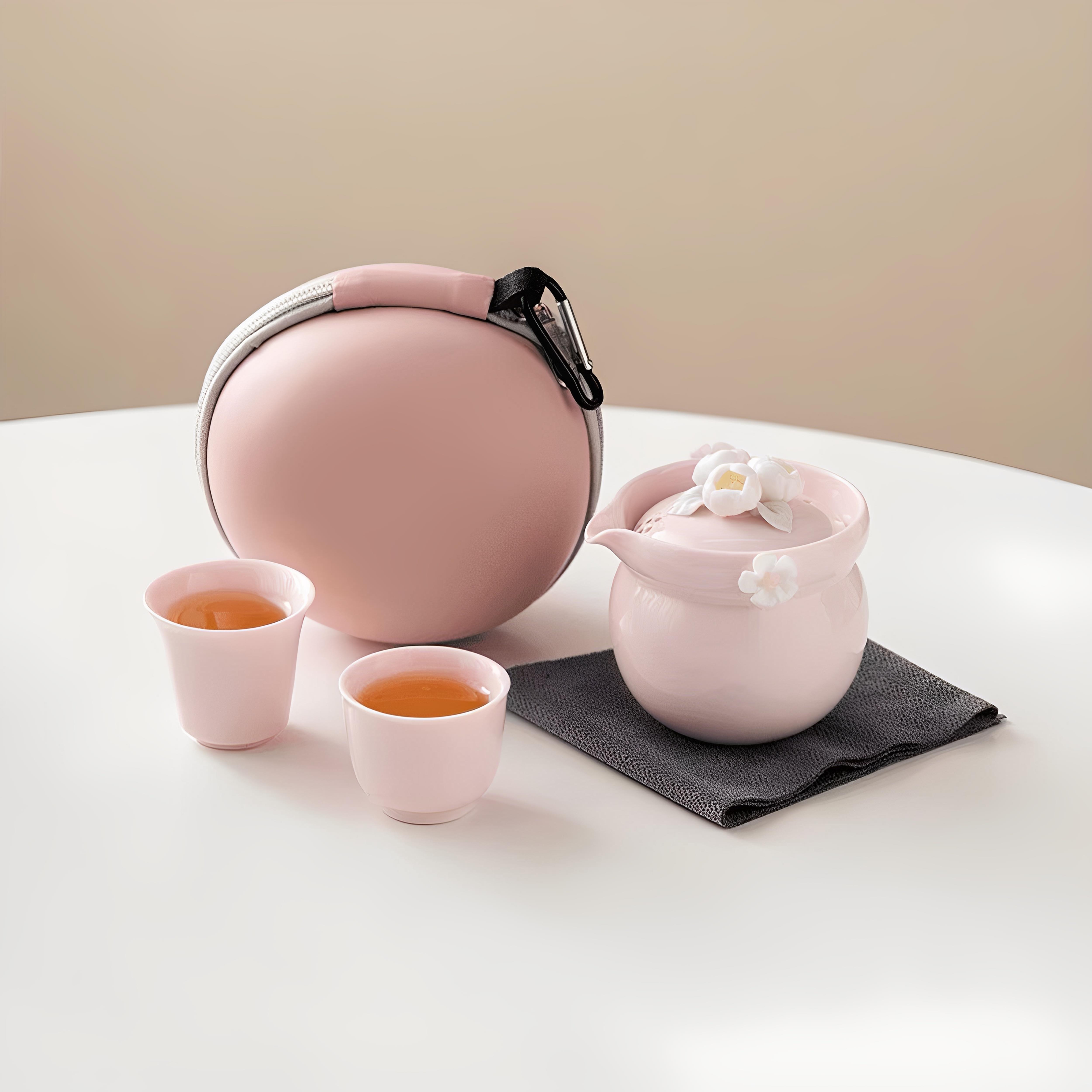 可携式旅行茶具套组女士泡茶壶茶杯露营户外快客杯陶瓷捏花泡茶壶