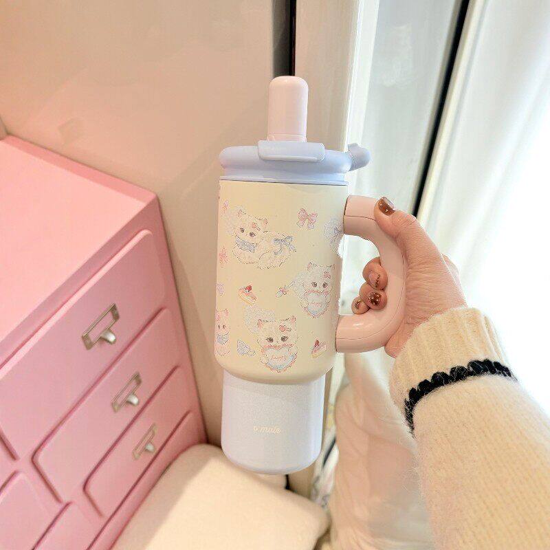 可爱小猫保温杯女士高颜值水杯大容量吸管杯学生上学专用2026新款