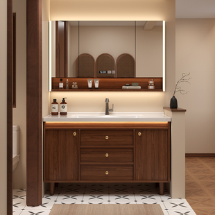 胡桃色陶瓷一体盆落地式 中古风浴室柜组合卫生间洗手盆洗脸洗漱台