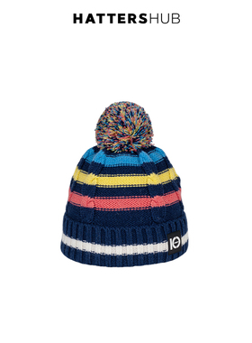 KEYONE彩色条儿童纹针织帽男女冬季保暖毛球帽手工钩织冷帽含羊毛