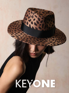 KEYONE2025新款秋冬新款毛呢帽豹纹帽子女平檐大檐爵士帽