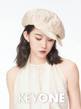 KEYONE2025新款女镂空蕾丝帽子显脸小鸭舌帽拼色毛呢帽百搭贝雷帽