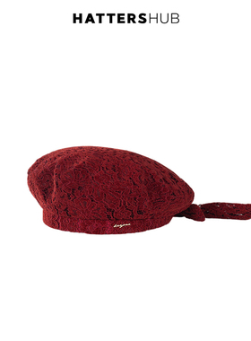 KEYONE蕾丝贝雷帽女秋冬复古文艺蝴蝶结显脸小帽子桑蚕丝飘带款