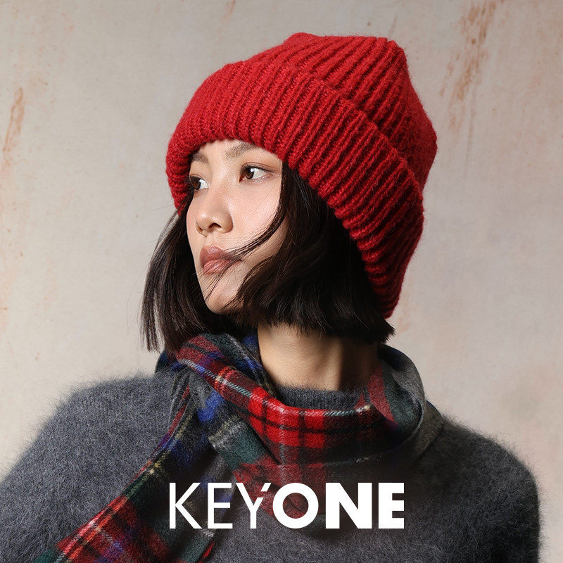 KEYONE2025新款复古慵懒风纯色大版堆堆针织帽女韩版甜美秋冬加厚