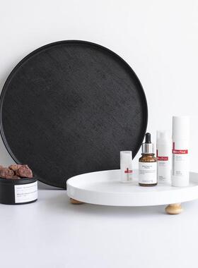 北欧Wooden leg圆形托盘家用水杯黑色收纳盘香薰桌面置物盘水果盘