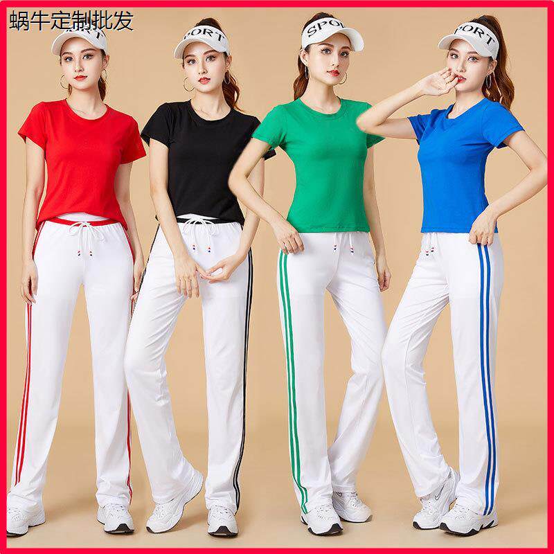 夏季新款跳舞纯棉短袖上衣广场舞速干长裤健身操跑步运动服套装女
