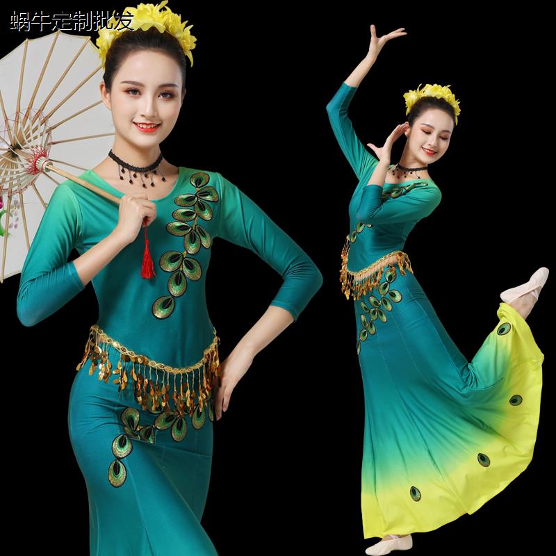 新款傣族舞蹈服少数民族葫芦丝演出服孔雀舞表演服长袖亮片成人女