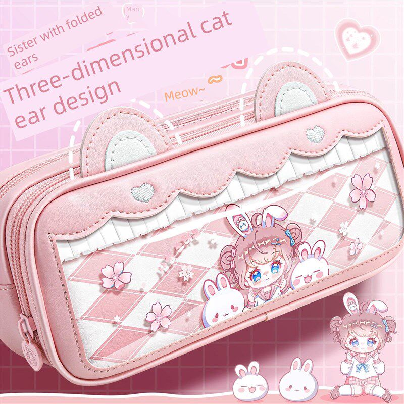 优选折耳姐妹猫耳笔袋2025新款大容量笔袋立体初中女生文具盒女生