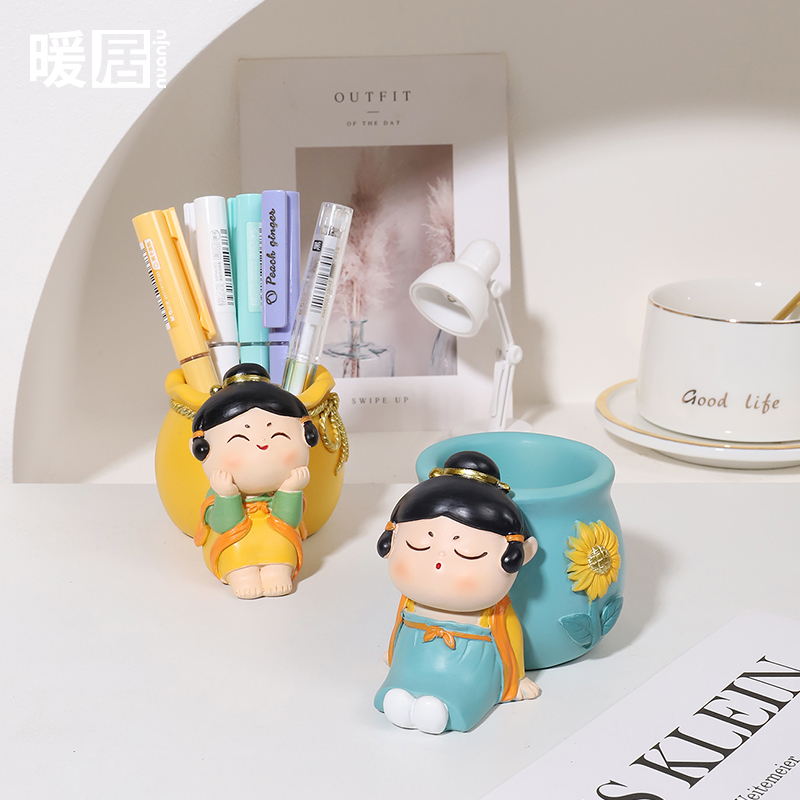 创意卡通唐仕女笔筒办公室桌面装饰小摆件客厅书房可爱收纳小摆设