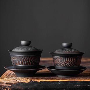 德化纯手工紫陶盖碗单个茶杯茶碗带盖高档茶具办公室家用陶瓷泡茶