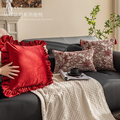 美式荷叶边红色抱枕法式轻奢高级感长条腰靠靠垫客厅沙发方形靠枕