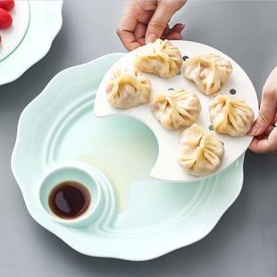 1Z5X轻奢带醋碟加厚家用陶瓷大号花边圆形饺子盘长方沥水双层盘逐