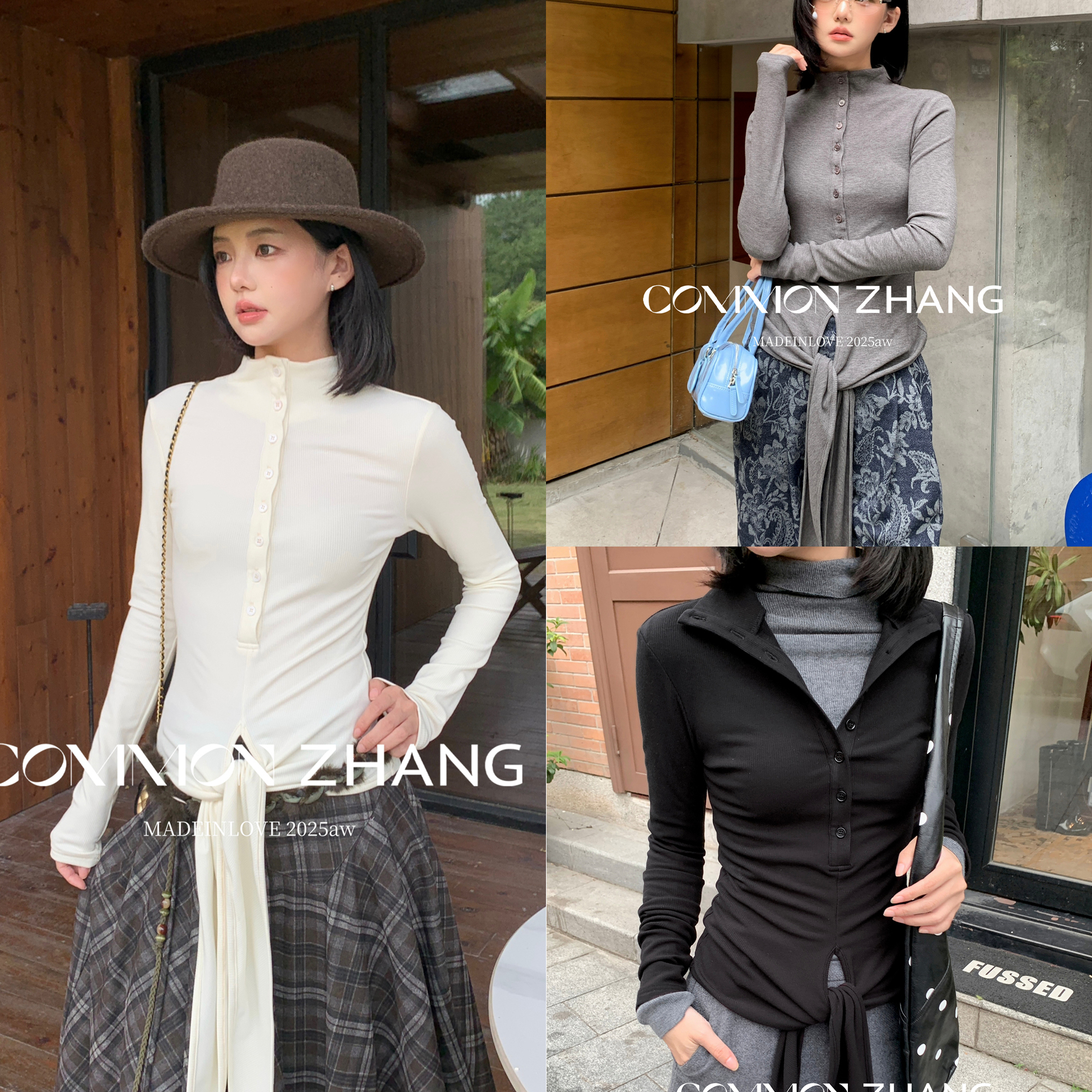 CZ ZHANG-韩系气质高领纽扣针织绑带打底冬内搭休闲显瘦小衫43229