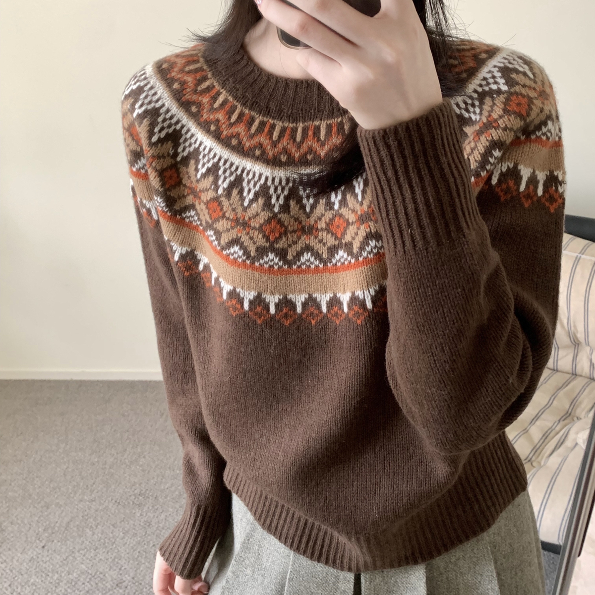 MUUTIS牧缇-圆领长袖提花全羊毛加厚保暖毛衣(含100绵羊毛)GXB5