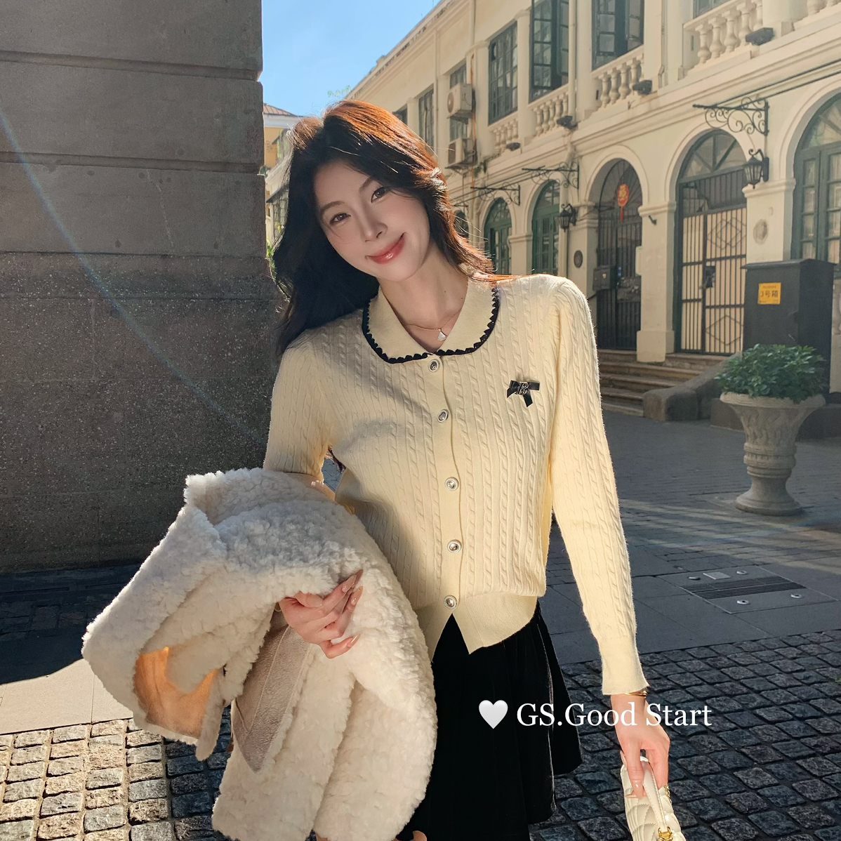 GS.GOOD START-法式气质复古蝴蝶结针织小衫(配可拆卸别针)G7685