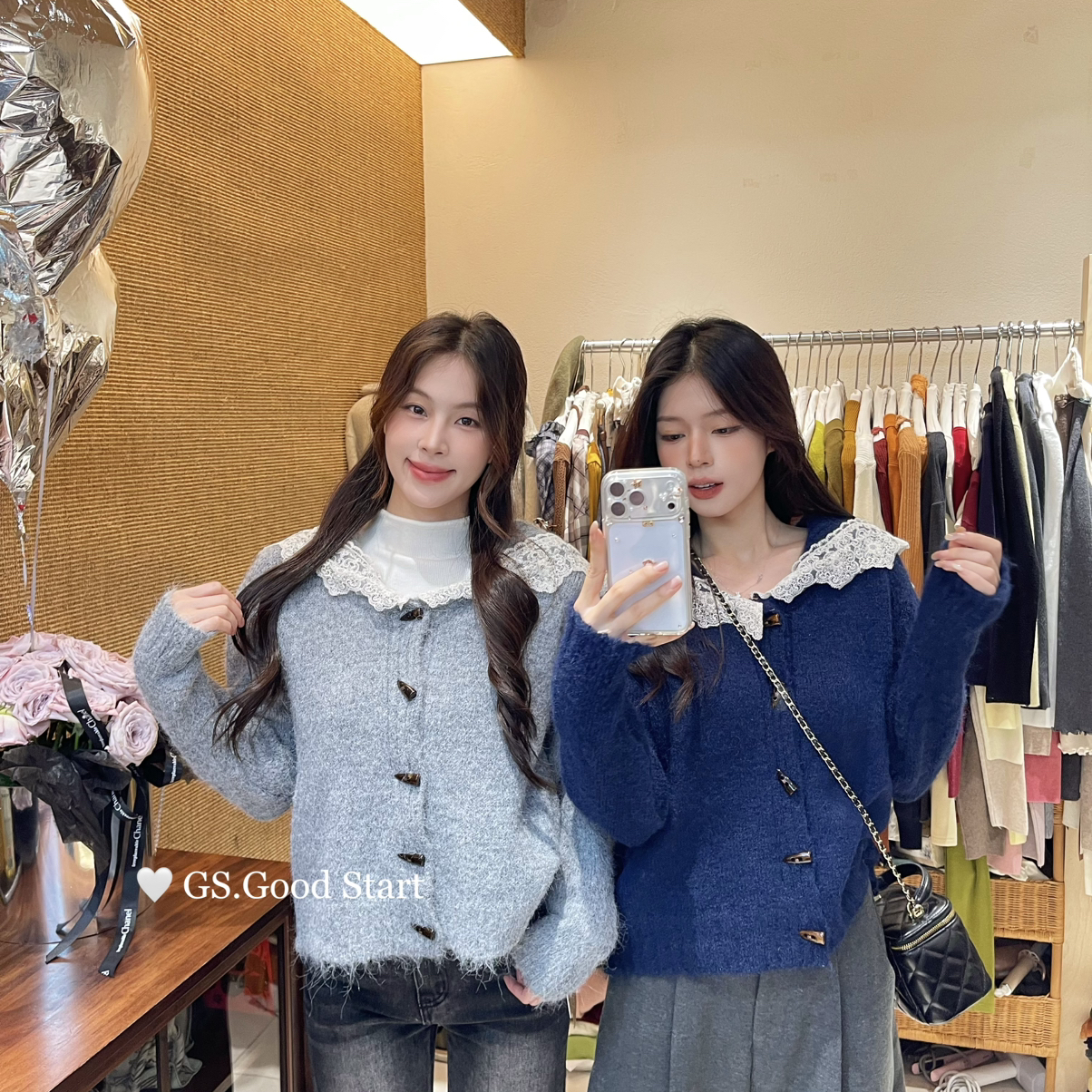 GS.GOOD START-满分秋冬甜美少女感蕾丝海军领短款针织开衫G7525