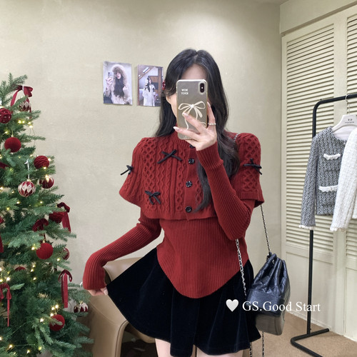 GS.GOOD START-气质甜美千金感蝴蝶结斗篷披肩+针织打底套装G7265