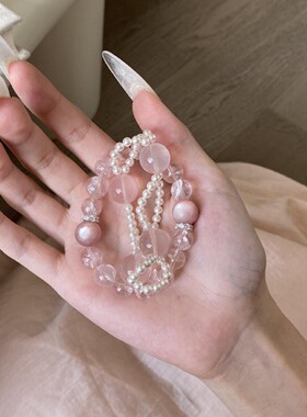 天然粉阿塞粉锂云母莫桑比克粉水晶珍珠手串招桃花轻奢设计感手链