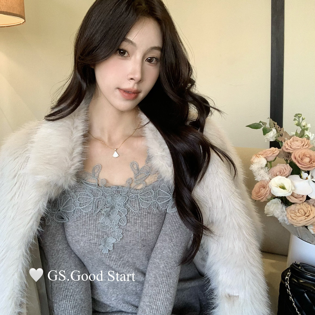 GS.GOOD START-曼妙曲线秋冬气质小女人刺绣蕾丝针织连衣裙G7669