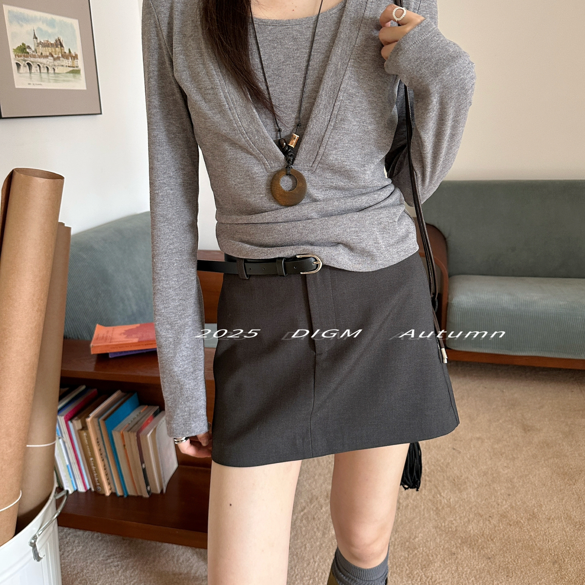 DIGM-上新极简松弛感纯色假两件设计收腰显瘦有弹力针织衫A09280
