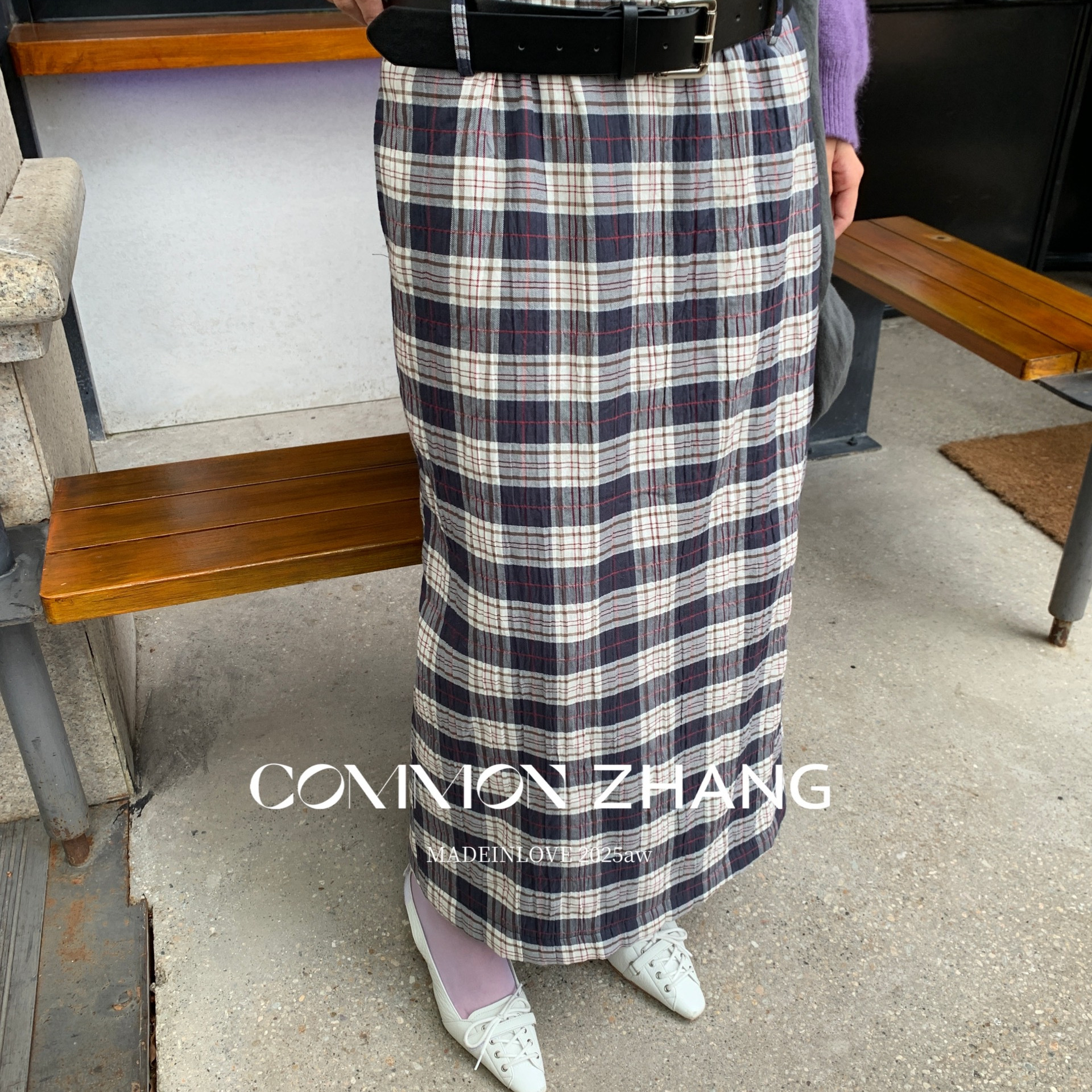 CZ ZHANG-冬季新款经典格纹夹棉直筒显瘦半身裙(配皮带)42197