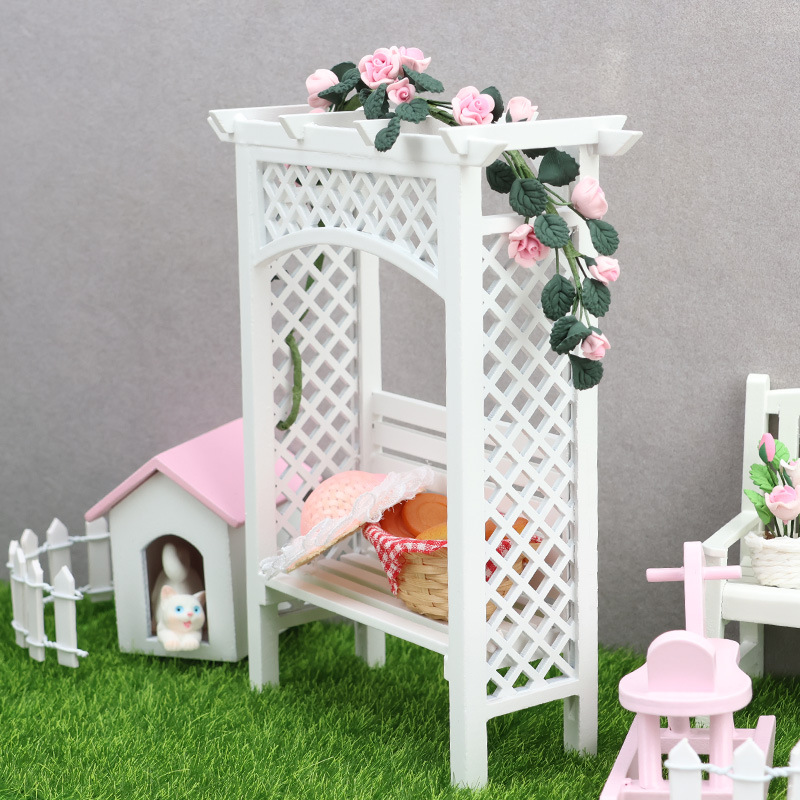 1:12 娃娃屋迷你家具摆件配件花园场景OB11木质葡萄架紫藤花架