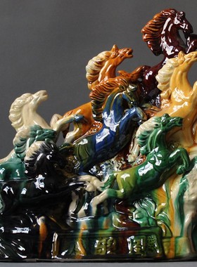 优选唐三彩马摆件八骏图摆件陶瓷工艺品一帆风顺摆件家居饰品礼品