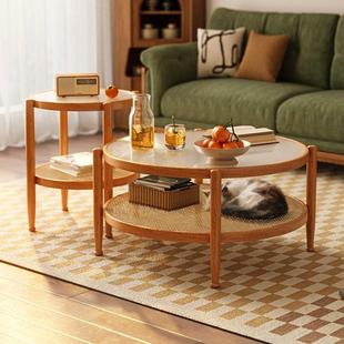 实木藤编玻璃茶几客厅家用小户型沙发边几圆形新款 贵祺日式 桌子YQ