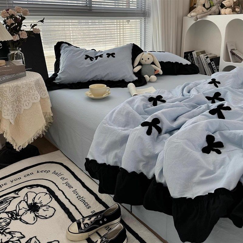 优选法式赫本风黑色花边水洗棉夏凉被四件套蝴蝶结毛巾绣空调被三