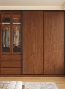 优选全实木定制橡木衣柜推拉门家用卧室小户型中古风玻璃门趟门衣