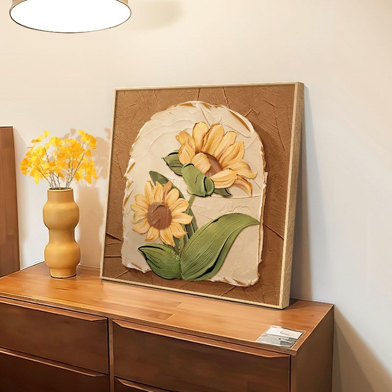 优选中古风向日葵桌面摆画奶油肌理画电视柜斗柜客厅挂画正方形墙,家居饰品,现代装饰画,淘宝优惠券,粉丝福利购,淘宝优惠卷