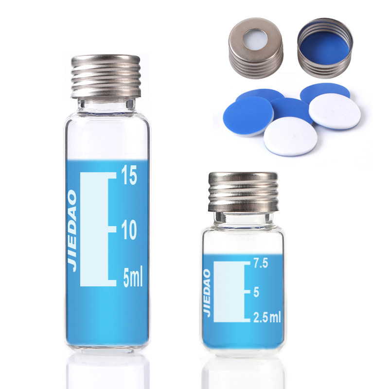 优选杰岛 螺纹透明棕色螺口玻璃化学试剂样品瓶带刻度10ml 20ml顶