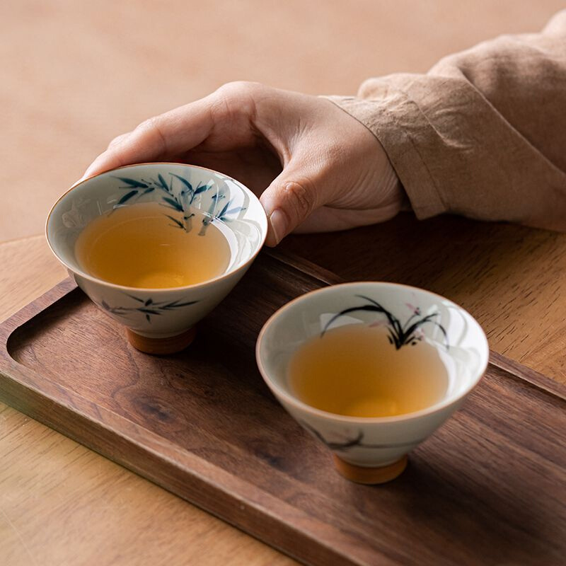 草木灰手绘斗笠杯 手工花卉主人杯大号家用茶杯个人专用单杯