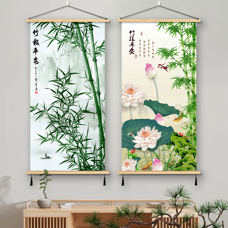 竹报平安布艺挂画荷花鸟九鱼装饰画风水遮挡墙壁画客厅实木玄关画图片