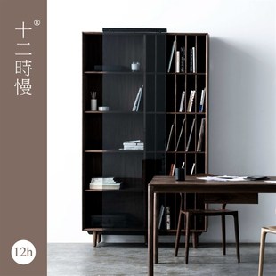 优选十二时慢万卷书阁黑胡桃木实木简约轻奢家具移门书柜书架黑胶