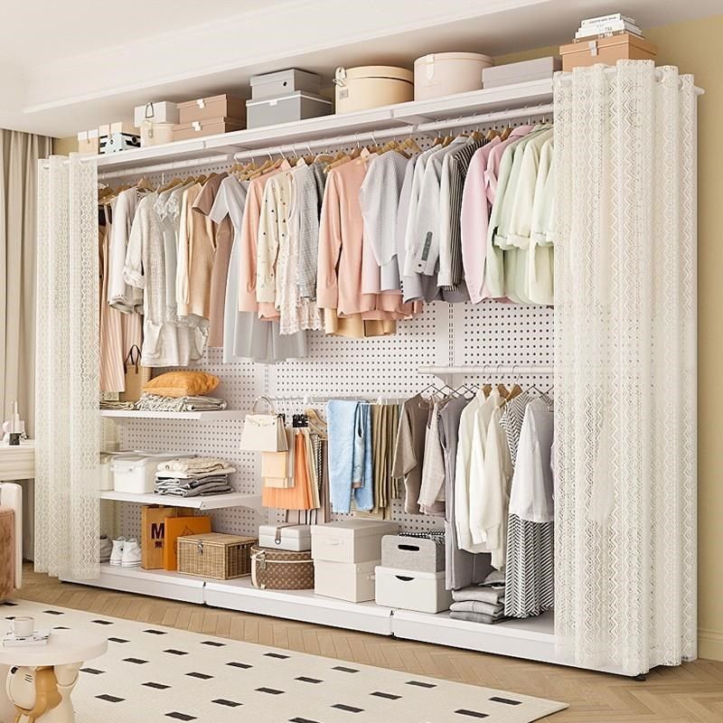 优选洞洞板衣柜金属挂衣架家用卧室步入式开放式防尘帘衣帽间组装