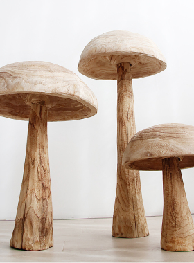 优选创意实木蘑菇落地摆件样房客厅玄关软装饰休闲会所酒店大堂艺