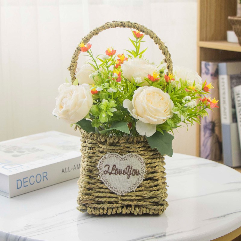 优选小花篮装饰草编藤编花盆手提花篮摆件客厅编织花盆插花花篮子