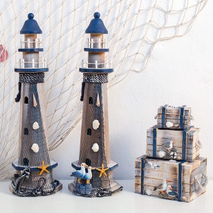 优选地中海风格灯塔木质做旧木塔海洋风组合灯塔摆件桌面复古装饰