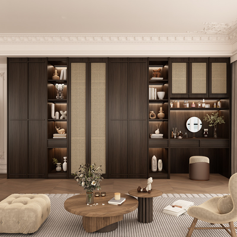 优选中式实木衣柜家用卧室藤编骨骼线衣橱新款2024年爆款六门组合