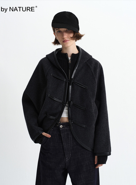 TRUE by NATURE 60%羊毛 蝙蝠袖宽松牛角扣短款双面呢子大衣外套