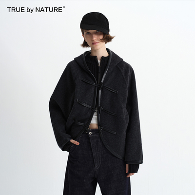 TRUE by NATURE 60%羊毛 蝙蝠袖宽松牛角扣短款双面呢子大衣外套